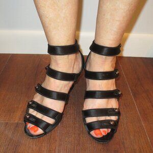 MANOLO BLAHNIK Black Satin Formal Evening Medium Heeled Sandals